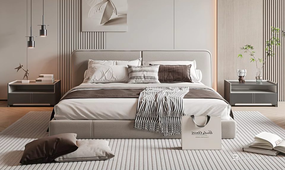 Double Bed With Gray Headboard Pillows Striped Blanket Nightstands Pendant Lights And Painting On Carpet 3d model 