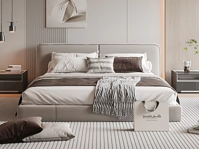 Double Bed With Gray Headboard Pillows Striped Blanket Nightstands Pendant Lights And Painting On Carpet 3d model