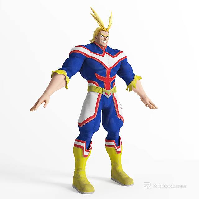Muscular Blonde Game Movie Character in Blue Red White Costume with Yellow Boots Chest Emblem 3d model 