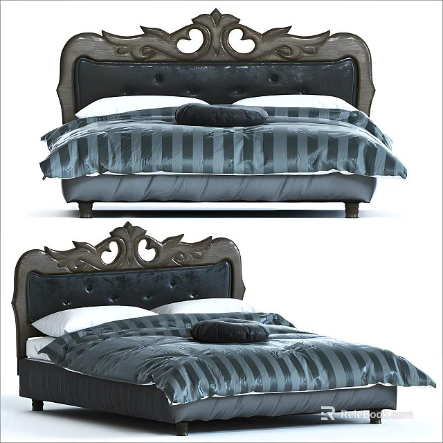 Double Bed Featuring Dark Wooden Ornate Headboard Gray White Striped Bedding And Black Pillow 3d model 