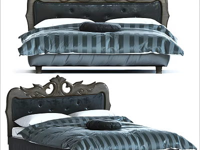 Double Bed Featuring Dark Wooden Ornate Headboard Gray White Striped Bedding And Black Pillow 3d model
