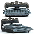 Double Bed Featuring Dark Wooden Ornate Headboard Gray White Striped Bedding And Black Pillow