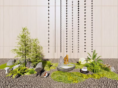 Serene Courtyard Garden With Bamboo Hanging Decor Small Fountain Stones And Lush Green Plants 3d model