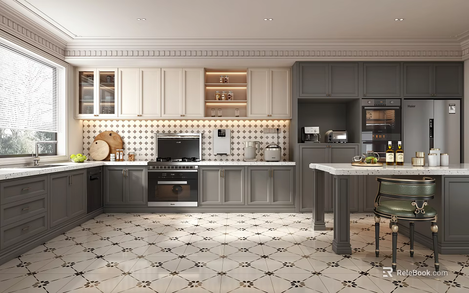 Elegant Classic Kitchen Interior With Gray Cabinets Island And Tiled Floor 3d model
