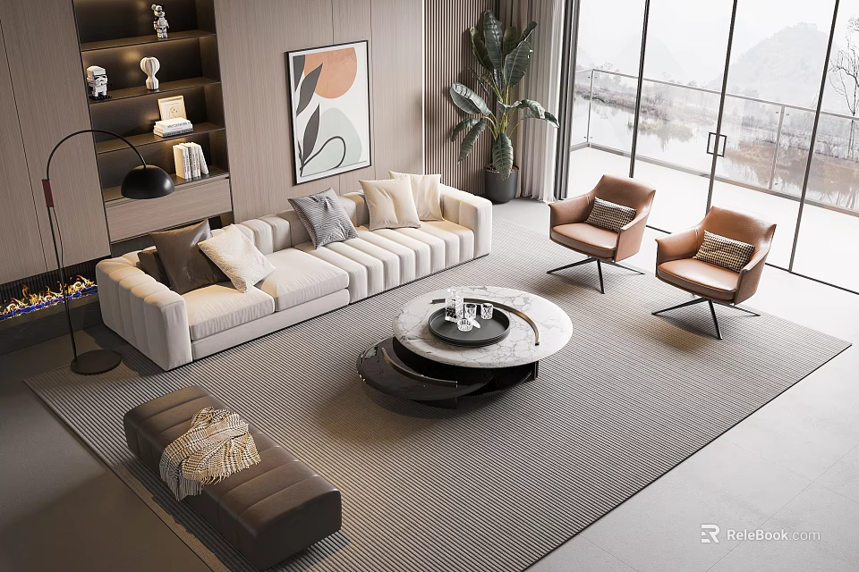 Modern Living Room Interior With Large Windows Sofa Coffee Table Armchairs And Decorative Plants 3d model 