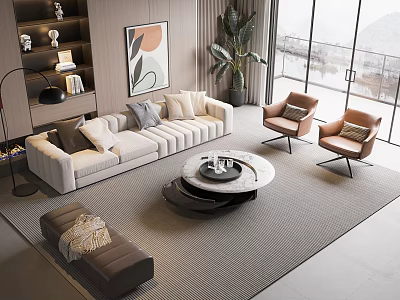 Modern Living Room Interior With Large Windows Sofa Coffee Table Armchairs And Decorative Plants 3d model