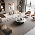 Modern Living Room Interior With Large Windows Sofa Coffee Table Armchairs And Decorative Plants