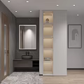 Bathroom Interior With Gray Marble Tile Walls Black Shower Head Window Blinds Toilet And Wall Shelf