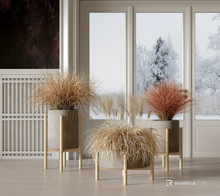 Bonsai Potted Plants with Dried Grass in Gray Planters on Legs Indoor Snowy View 3d model 