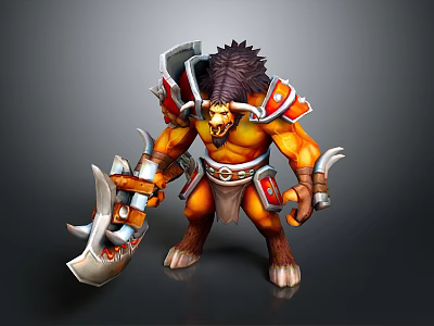 Game Movie Character Muscular Warrior In Armor With Giant Axe And Orange Brown Details 3d model