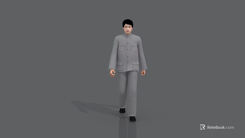 A Man Walking In Gray Zhongshan Suit On Gray Background 3D Rendering 3d model 