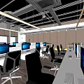 Modern Public Office Interior with White Workstations Computers Ergonomic Chairs Wooden Flooring and Exposed Ceiling