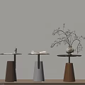 Stylish Side Tables with Conical Bases Black Round Tops Coffee Cup Open Book Twig Vase
