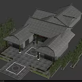 Traditional Ancient Chinese Architecture With Tile Roof Courtyard Stone Pavement Circular Pattern And Surrounding Trees