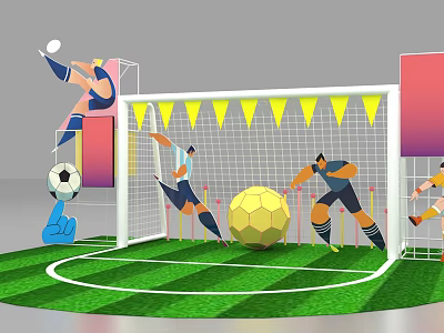 Football Players In Action Shooting Goal With Yellow Pennants On Green Field 3d model