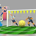 Football Players In Action Shooting Goal With Yellow Pennants On Green Field