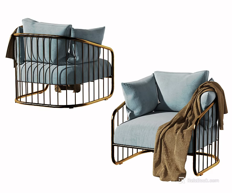 Light Blue Single Sofa With Metal Frame Soft Pillows And Cozy Blanket Design 3d model