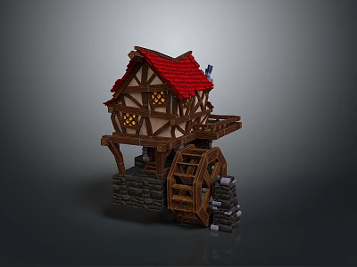 Detailed Traditional Windmill Model With Red Roof Wooden Structure Stone Base And Water Wheel 3d model
