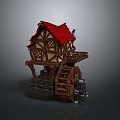 Detailed Traditional Windmill Model With Red Roof Wooden Structure Stone Base And Water Wheel