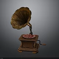 Vintage Gramophone With Wooden Base And Decorative Horn Red Record