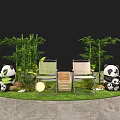 Commercial Street Decorative Display With Panda Dolls Bamboo Plants Chairs Wooden Crate And Grass Lawn