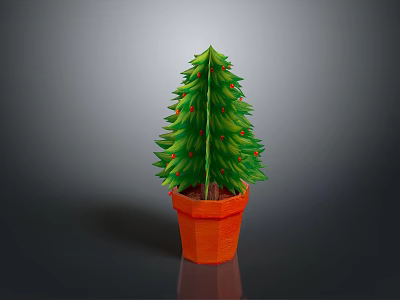 Green Decorative Christmas Tree With Red Ornaments In Orange Pot For Home Decor 3d model
