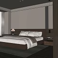 Modern Minimalist Bedroom Interior With Dark Headboard Nightstand Lamp And Striped Wall Panels