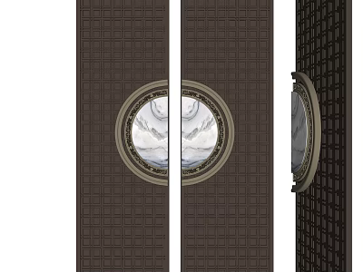 Elegant Dark Colored Double Doors With Circular Windows And Lattice Texture Showing Exterior View 3d model