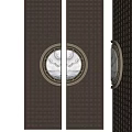 Elegant Dark Colored Double Doors With Circular Windows And Lattice Texture Showing Exterior View