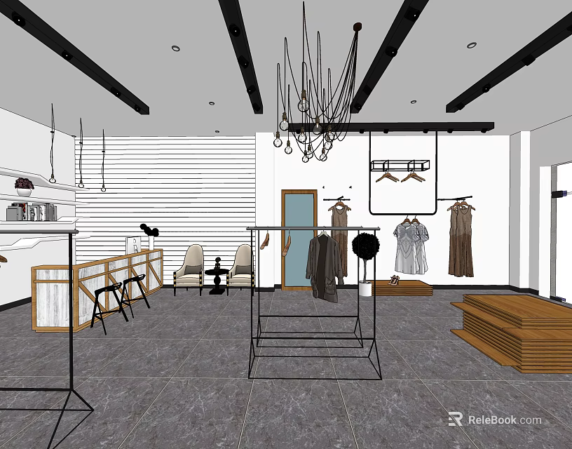 Modern Clothing Store Interior With Hanging Clothes Display Racks And Seating Area 3d model 