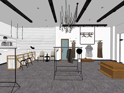 Modern Clothing Store Interior With Hanging Clothes Display Racks And Seating Area 3d model
