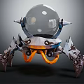 Mechanical Creature With Spherical Transparent Dome Head Metallic Spiked Legs And Orange Components 3d model