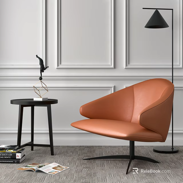 Modern Orange Leather Single Seater Sofa With Small Round Side Table Decorative Ornament And Floor Lamp 3d model 