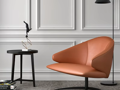 Modern Orange Leather Single Seater Sofa With Small Round Side Table Decorative Ornament And Floor Lamp 3d model