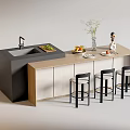 Modern Bar Counter Design With Black And Wooden Top Fruits Vase And Three Black Stools
