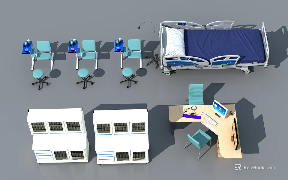 Professional Medical Equipment Setup With Adjustable Bed Mobile Chairs Storage Cabinets And Computer Workstation 3d model 