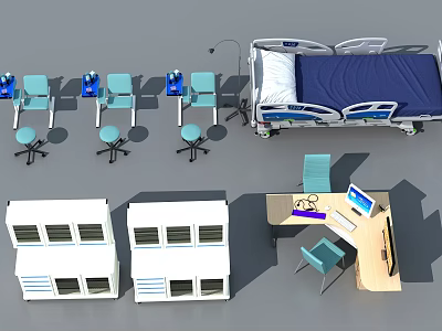 Professional Medical Equipment Setup With Adjustable Bed Mobile Chairs Storage Cabinets And Computer Workstation 3d model