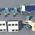Professional Medical Equipment Setup With Adjustable Bed Mobile Chairs Storage Cabinets And Computer Workstation