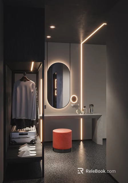 Modern Luxury Hotel Room Bathroom with Round Mirror Illuminated Light Strips Gray Walls Orange Stool 3d model 