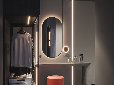 Modern Luxury Hotel Room Bathroom with Round Mirror Illuminated Light Strips Gray Walls Orange Stool 3d model