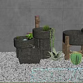 Bonsai Potted Plants with Stone Pots Water Feature Hanging Greenery Cactus Wooden Stands on Gravel
