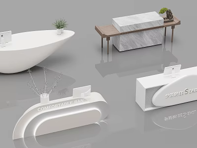 Modern Reception Desk Design With White Curved Shape Marble Countertop And Plant Decoration 3d model