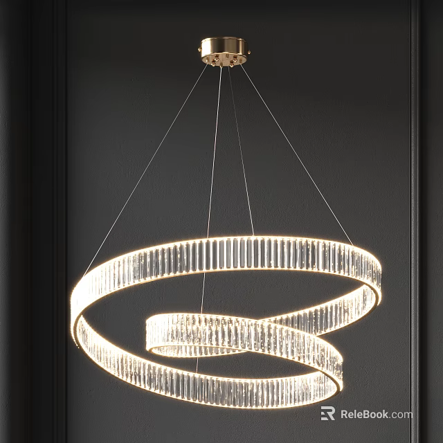 Modern Spiral Crystal Chandelier With Illuminated Rings In Dark Room Setting 3d model 
