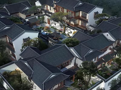 Traditional Ancient Architecture Cluster With Courtyard And Tile Roofs Amidst Lush Trees 3d model