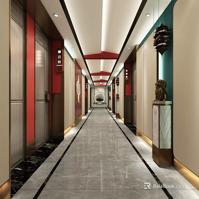Chinese Style Hotel Corridor With Red Accents Decorative Lanterns Lion Statues And Marble Flooring 3d model 
