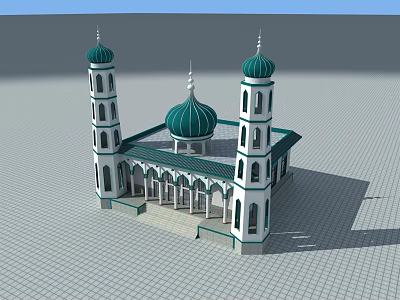 Traditional Mosque Architecture With Green Dome White Minarets And Arched Portico 3d model