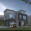 Modern Two Story Detached Villa with Large Glass Windows Outdoor Seating and Greenery