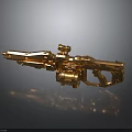 Golden Futuristic Weapon With Detailed Mechanical Structure And Scope On Reflective Black Surface