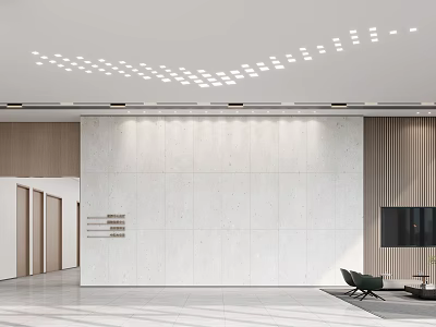 Modern Front Desk Reception Interior With Marble Wall Recessed Lighting And Waiting Seats 3d model
