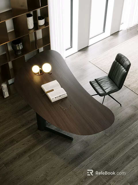 Wooden Office Desk With Two Round Table Lamps Stack of Books and Black Leather Chair 3d model 